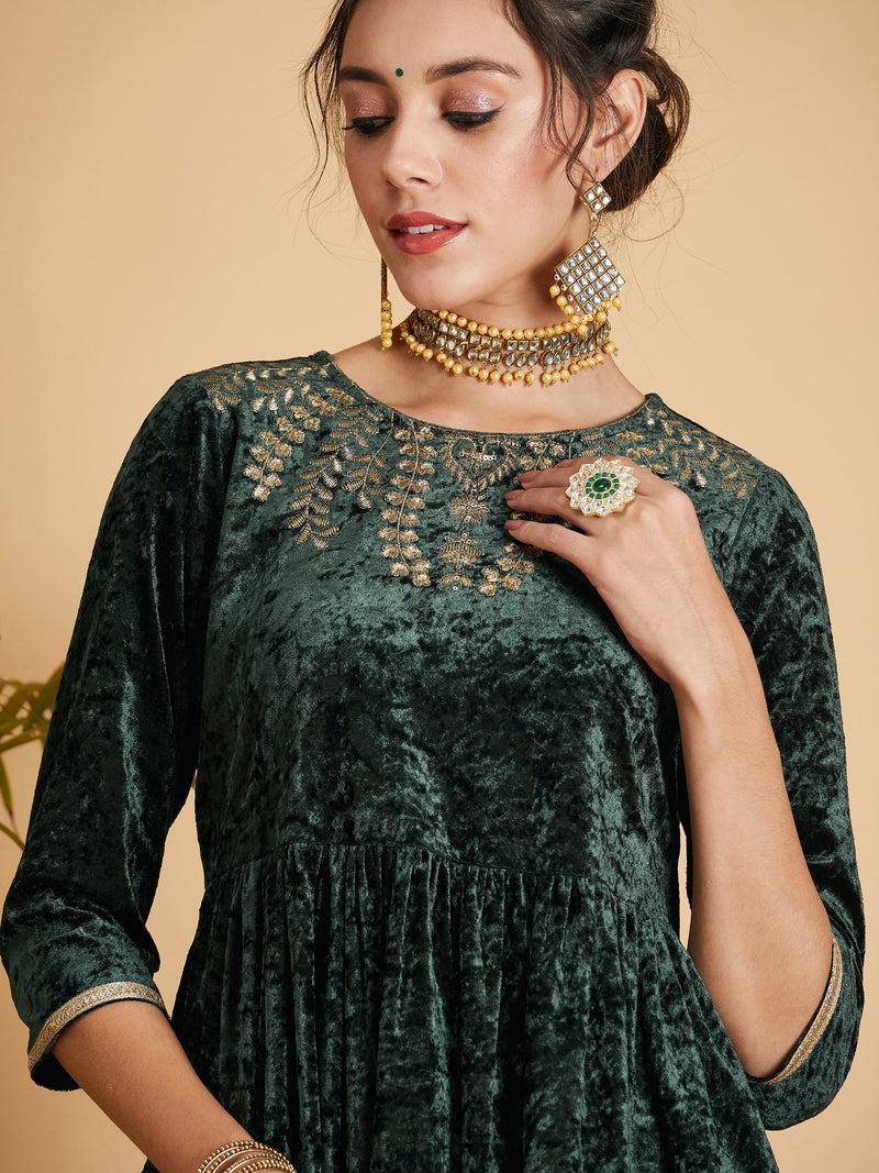 Women Emerald Neck Embroidered Velvet Gathered Kurta