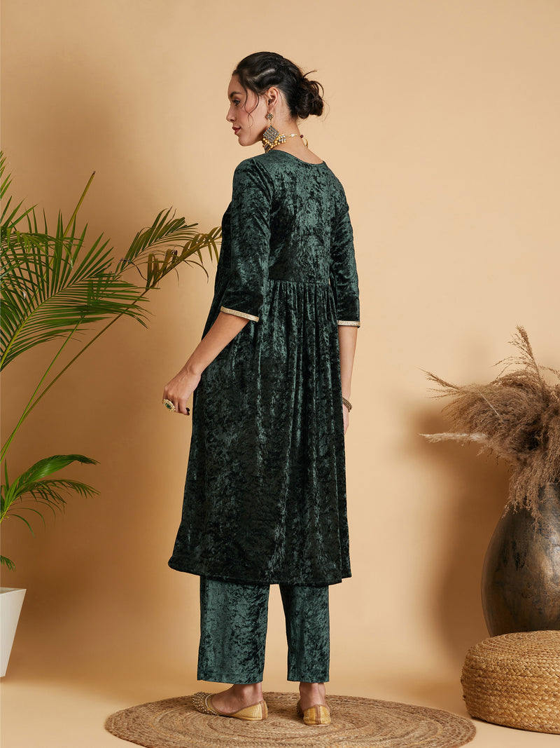 Women Emerald Neck Embroidered Velvet Gathered Kurta