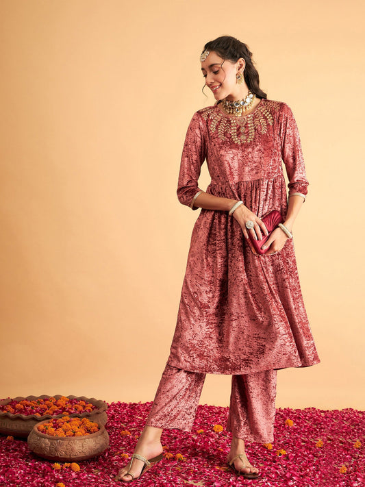 Women Pink Neck Embroidered Velvet Gathered Kurta