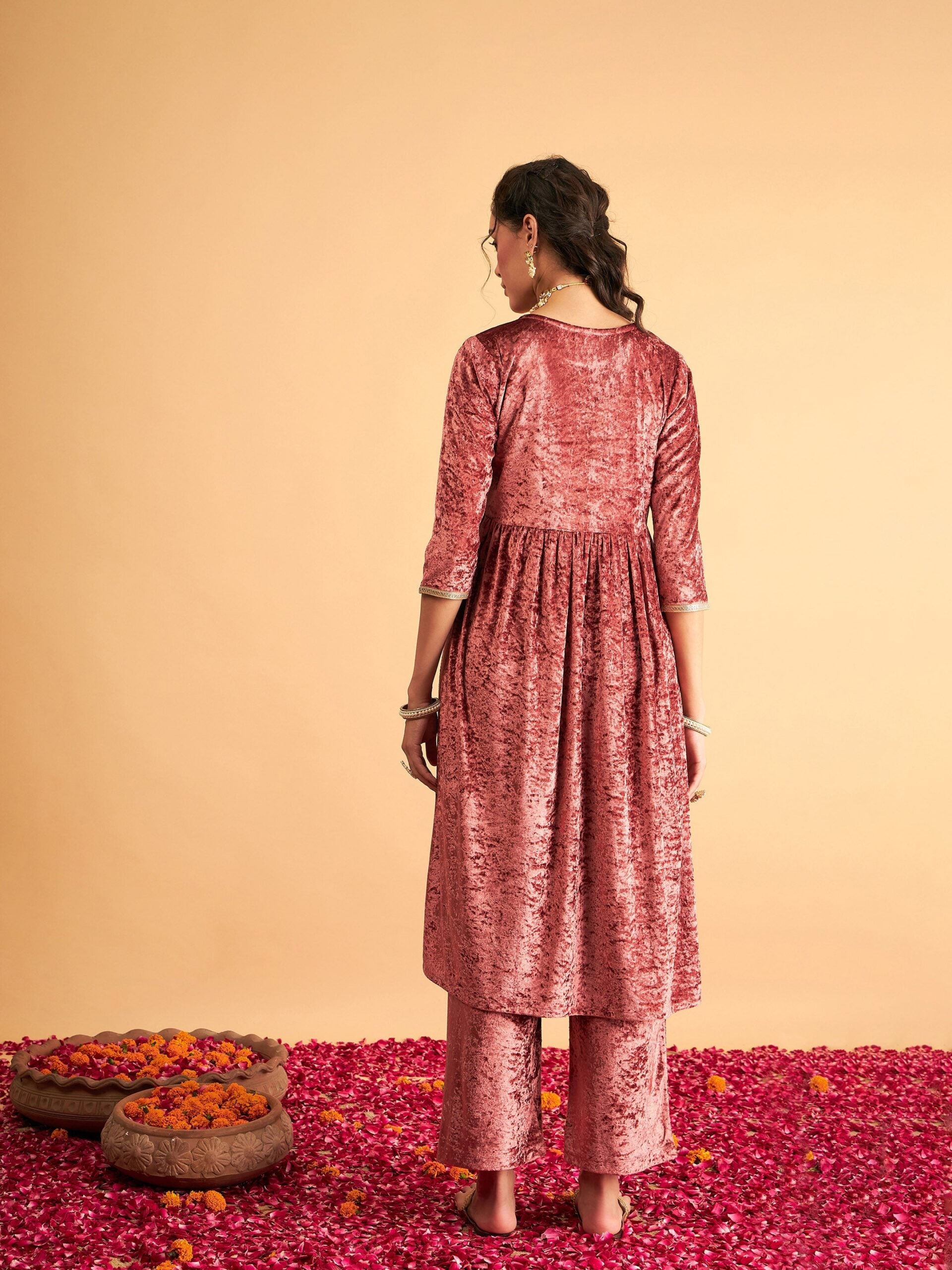 Women Pink Neck Embroidered Velvet Gathered Kurta