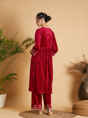 Women Fuchsia Velvet Embroidered Gathered Kurta