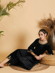 Women Black Velvet Embroidered Gathered Kurta