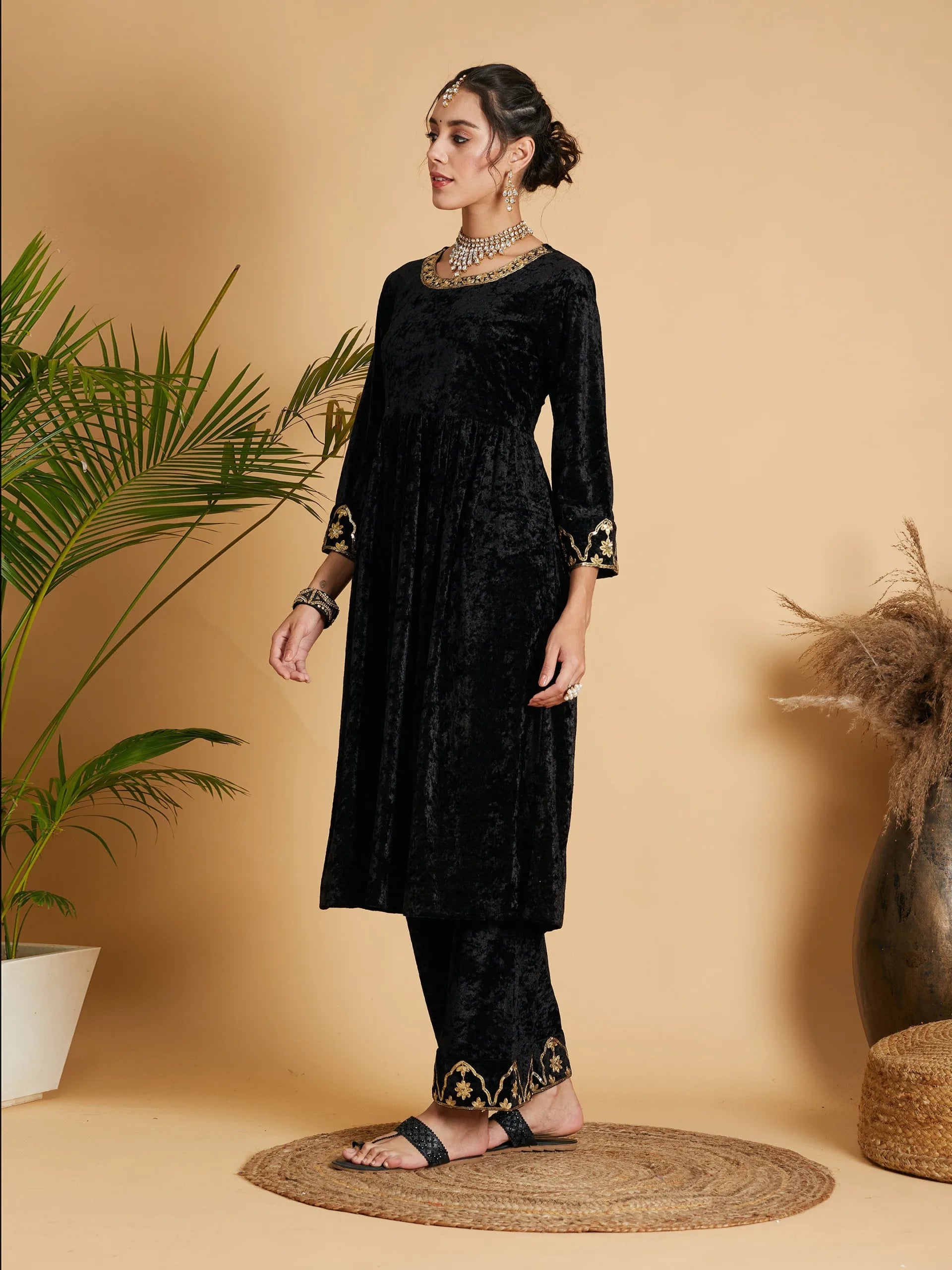 Women Black Velvet Embroidered Gathered Kurta