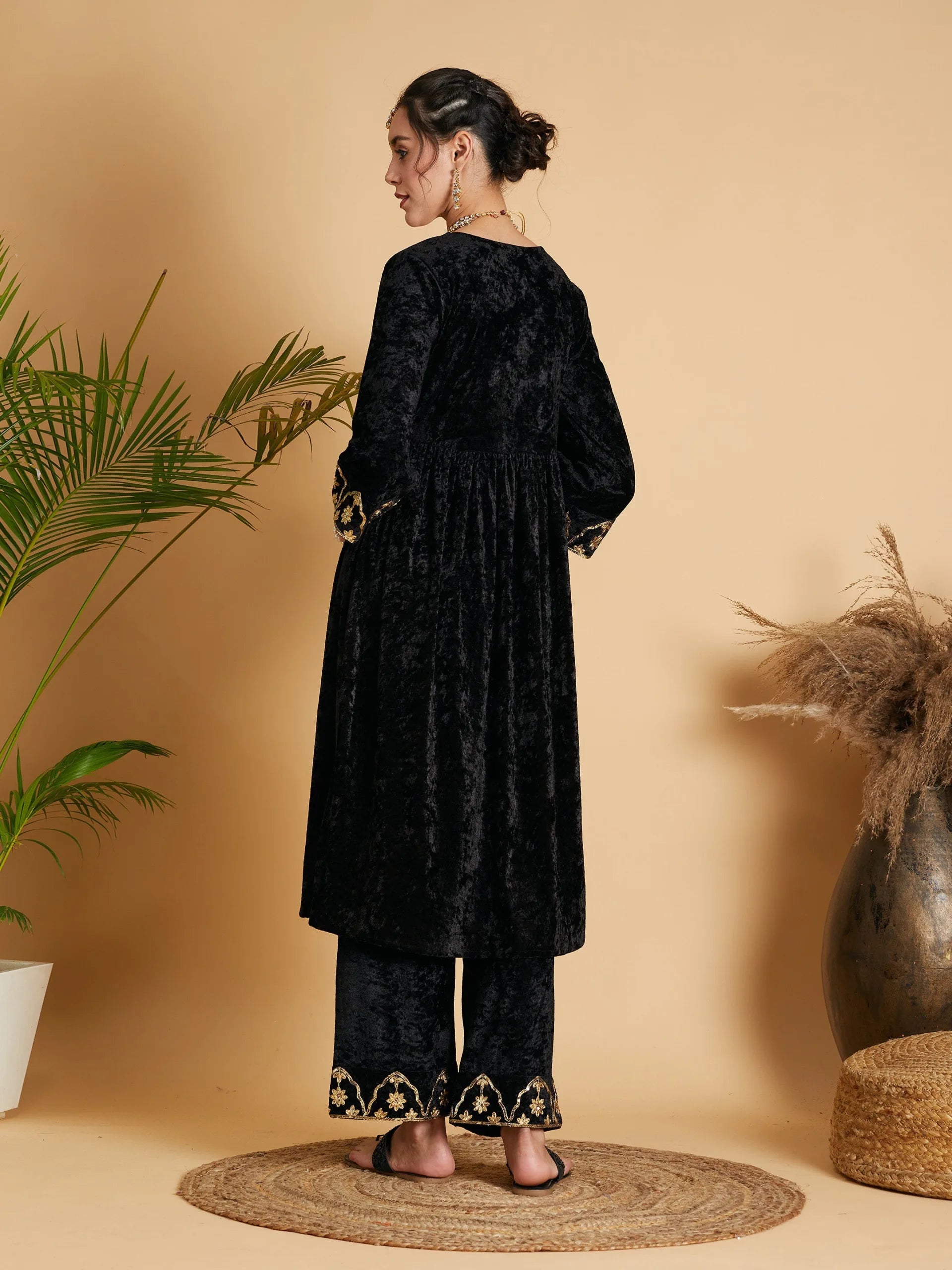 Women Black Velvet Embroidered Gathered Kurta