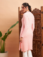 Women Pink & Off White Hair Wool Straight Kurta