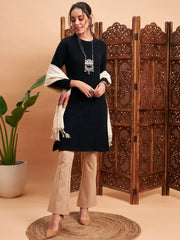 Women Black Solid Hair Wool Straight Kurta