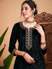 Women Black Velvet Embroidered Straight Kurta