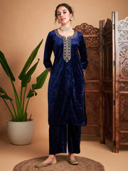 Women Navy Velvet Embroidered Straight Kurta