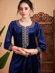 Women Navy Velvet Embroidered Straight Kurta