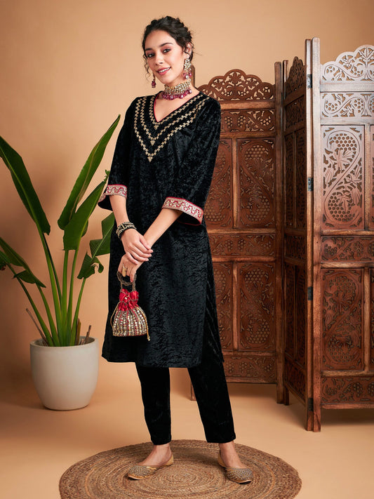 Women Black Velvet Embroidered Yoke Straight Kurta