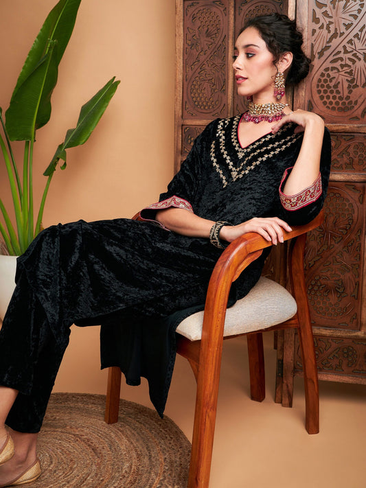 Women Black Velvet Embroidered Yoke Straight Kurta