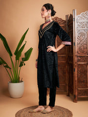 Women Black Velvet Embroidered Yoke Straight Kurta