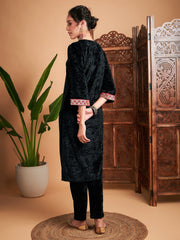 Women Black Velvet Embroidered Yoke Straight Kurta