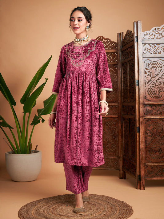 Women Pink Velvet Embroidered Gathered Kurta