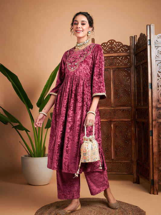 Women Pink Velvet Embroidered Gathered Kurta