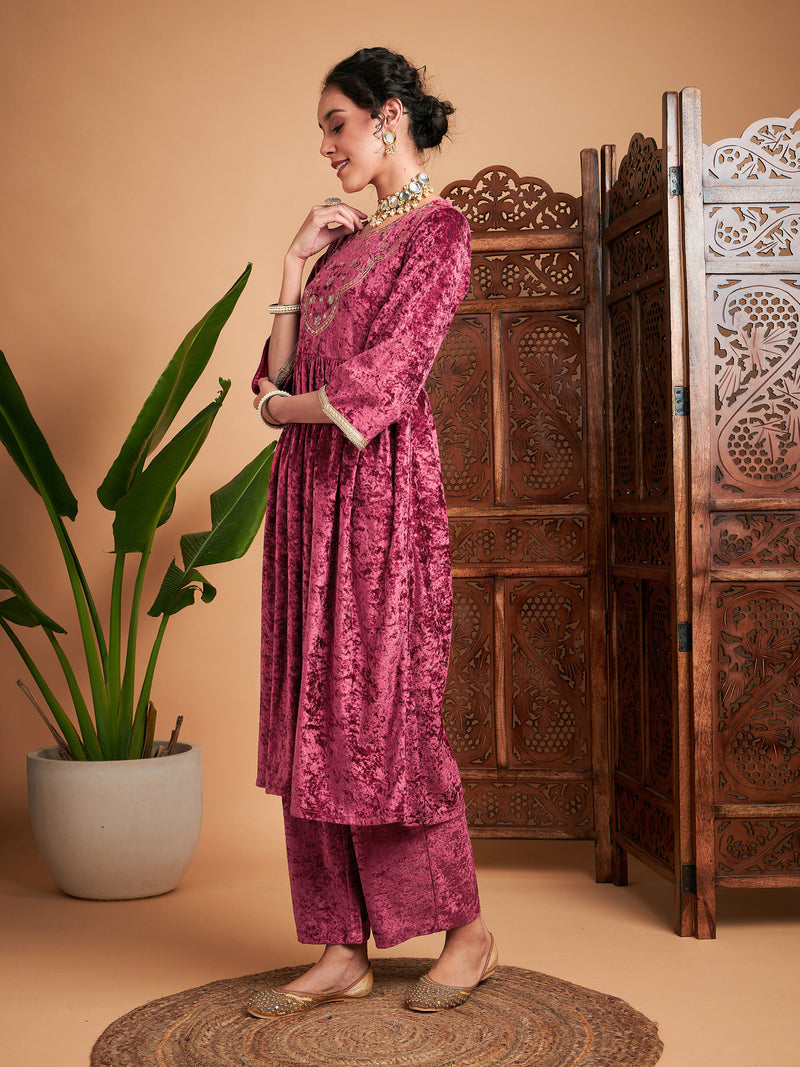 Women Pink Velvet Embroidered Gathered Kurta