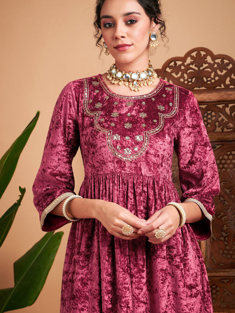 Women Pink Velvet Embroidered Gathered Kurta