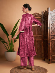 Women Pink Velvet Embroidered Gathered Kurta