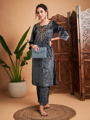 Women Grey Velvet Embroidered Straight Kurta