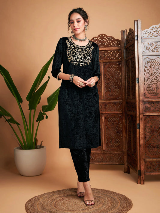 Women Black Velvet Sequin Embroidered Straight Kurta