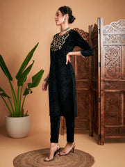 Women Black Velvet Sequin Embroidered Straight Kurta