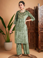 Women Olive Velvet Sequin Embroidered Straight Kurta