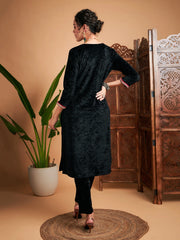 Women Black Velvet Side Pocket Embroidered Straight Kurta