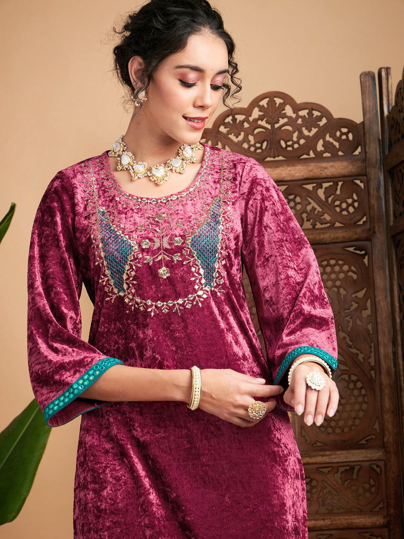 Women Pink Velvet Yoke Embroidered Straight Kurta