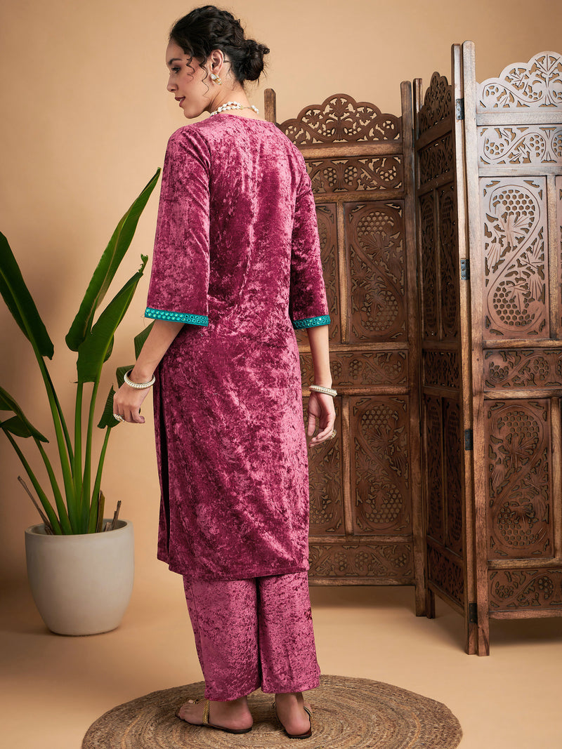 Women Pink Velvet Yoke Embroidered Straight Kurta