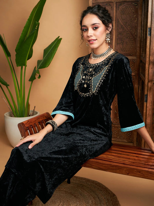 Women Black Velvet Yoke Embroidered Straight Kurta