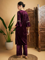 Women Purple Velvet Zari Embroidered Kurta