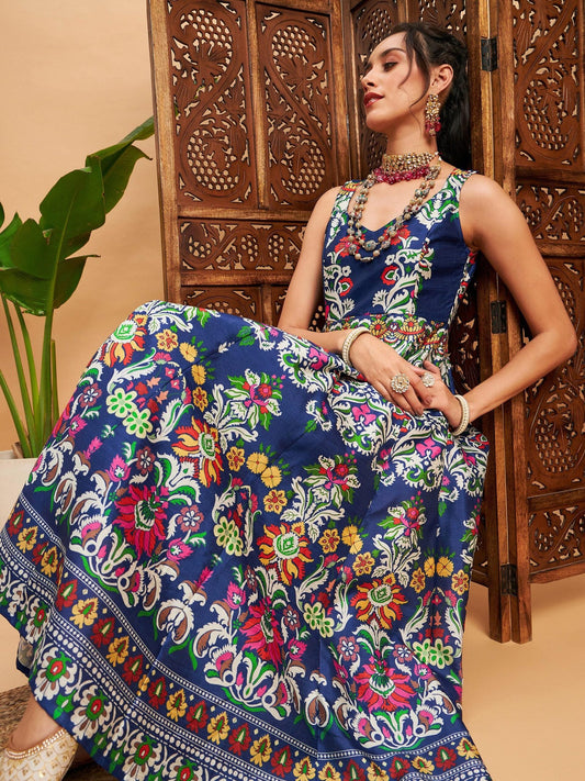 Women Navy Floral Sleeveless Anarkali Maxi Kurta