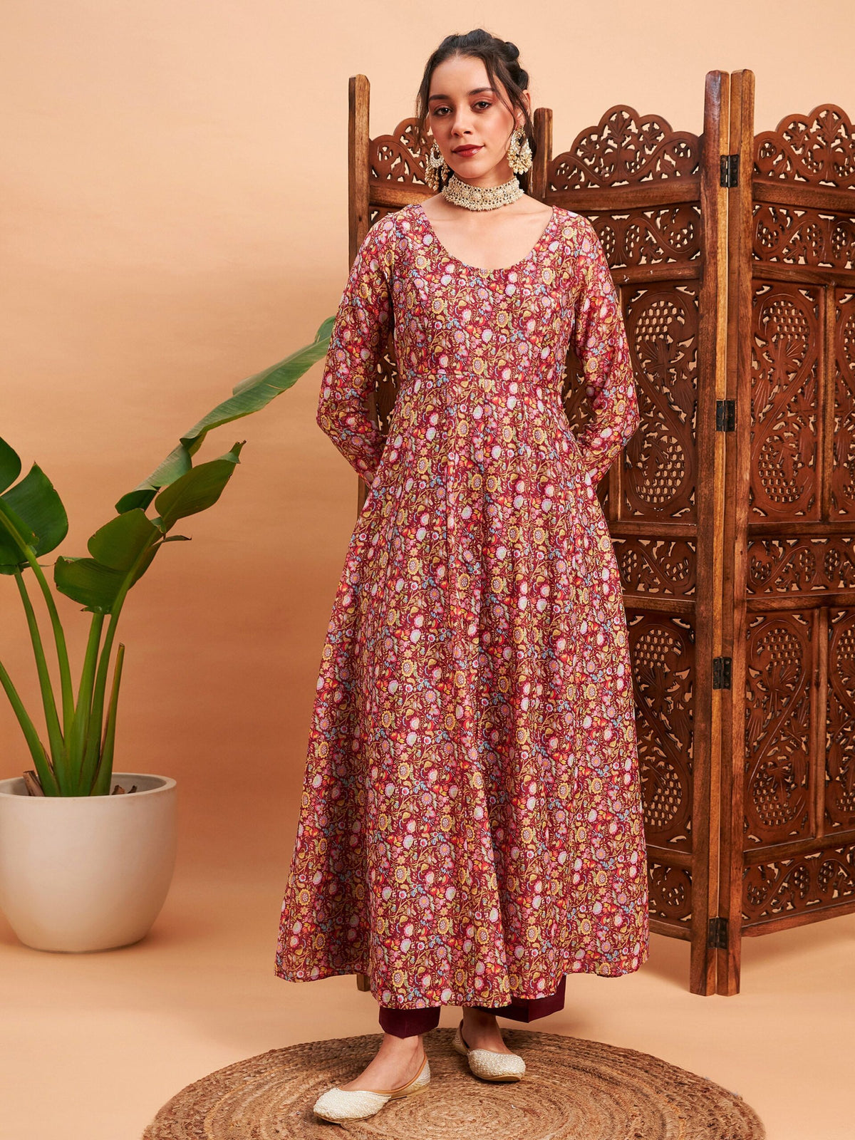 Women Maroon Chanderi Floral Anarkali Maxi Kurta