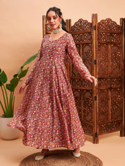 Women Maroon Chanderi Floral Anarkali Maxi Kurta