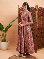 Women Maroon Chanderi Floral Anarkali Maxi Kurta