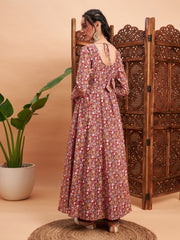 Women Maroon Chanderi Floral Anarkali Maxi Kurta