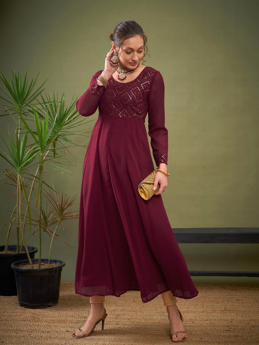 Women Maroon Embroidered Anarkali Maxi Kurta