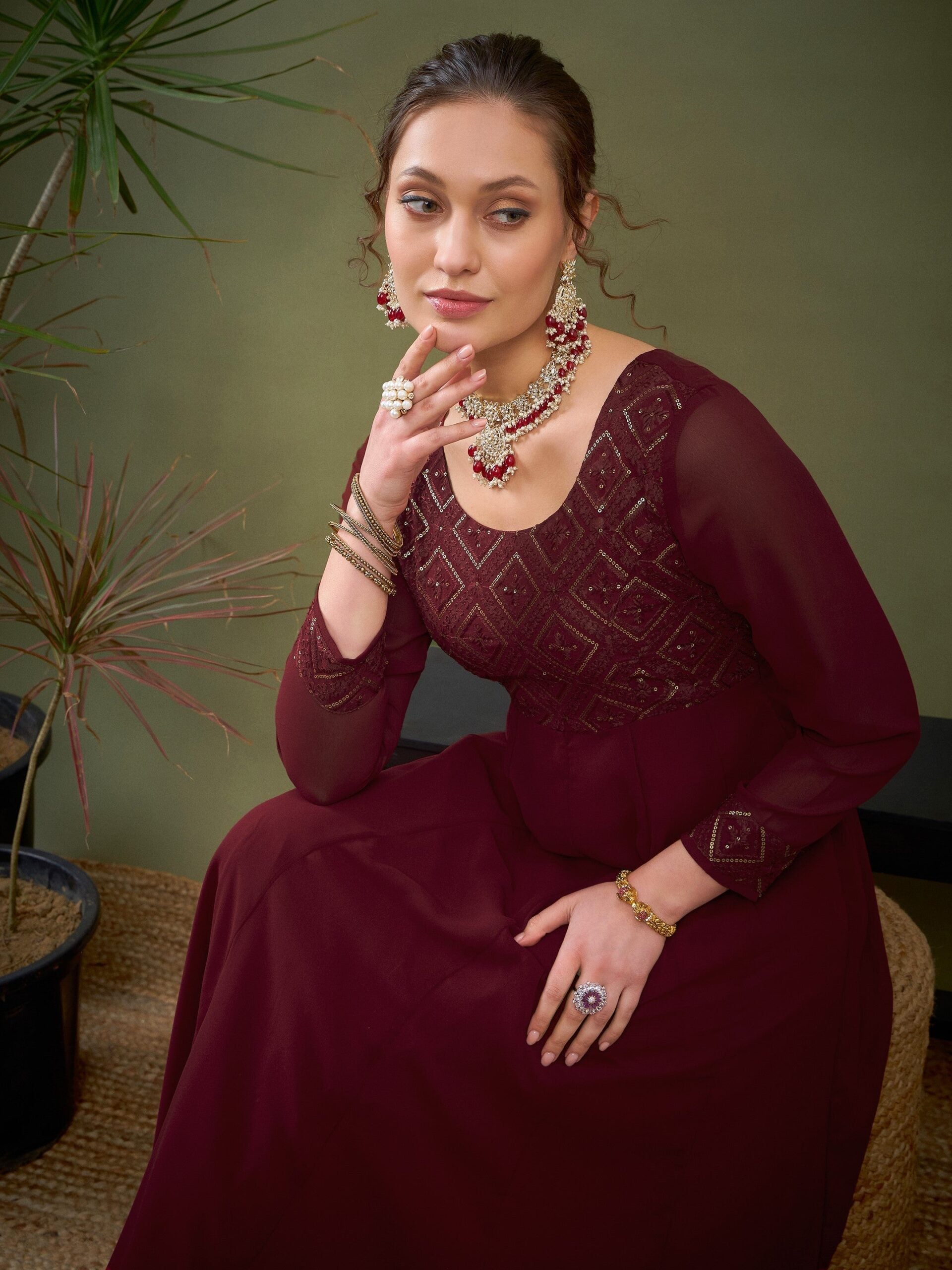 Women Maroon Embroidered Anarkali Maxi Kurta