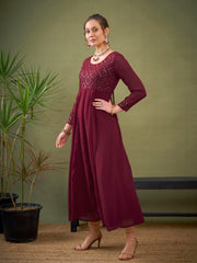 Women Maroon Embroidered Anarkali Maxi Kurta