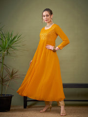 Women Mustard Embroidered Anarkali Maxi Kurta