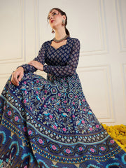 Women Navy Floral Sweetheart Neck Anarkali Kurta