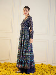 Women Navy Floral Sweetheart Neck Anarkali Kurta