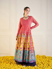 Women Red & Yellow Floral Sweetheart Neck Anarkali Kurta