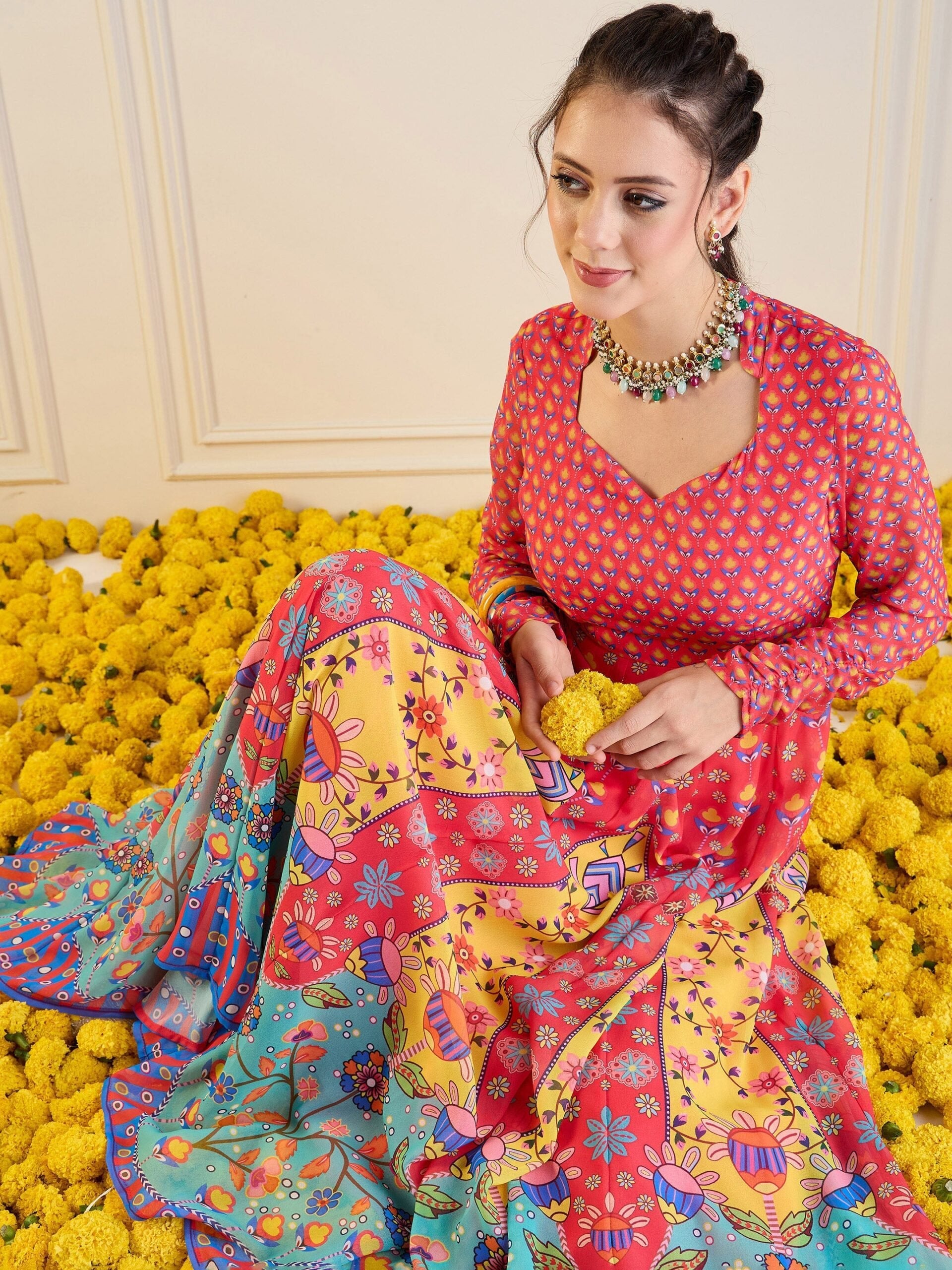 Women Red & Yellow Floral Sweetheart Neck Anarkali Kurta