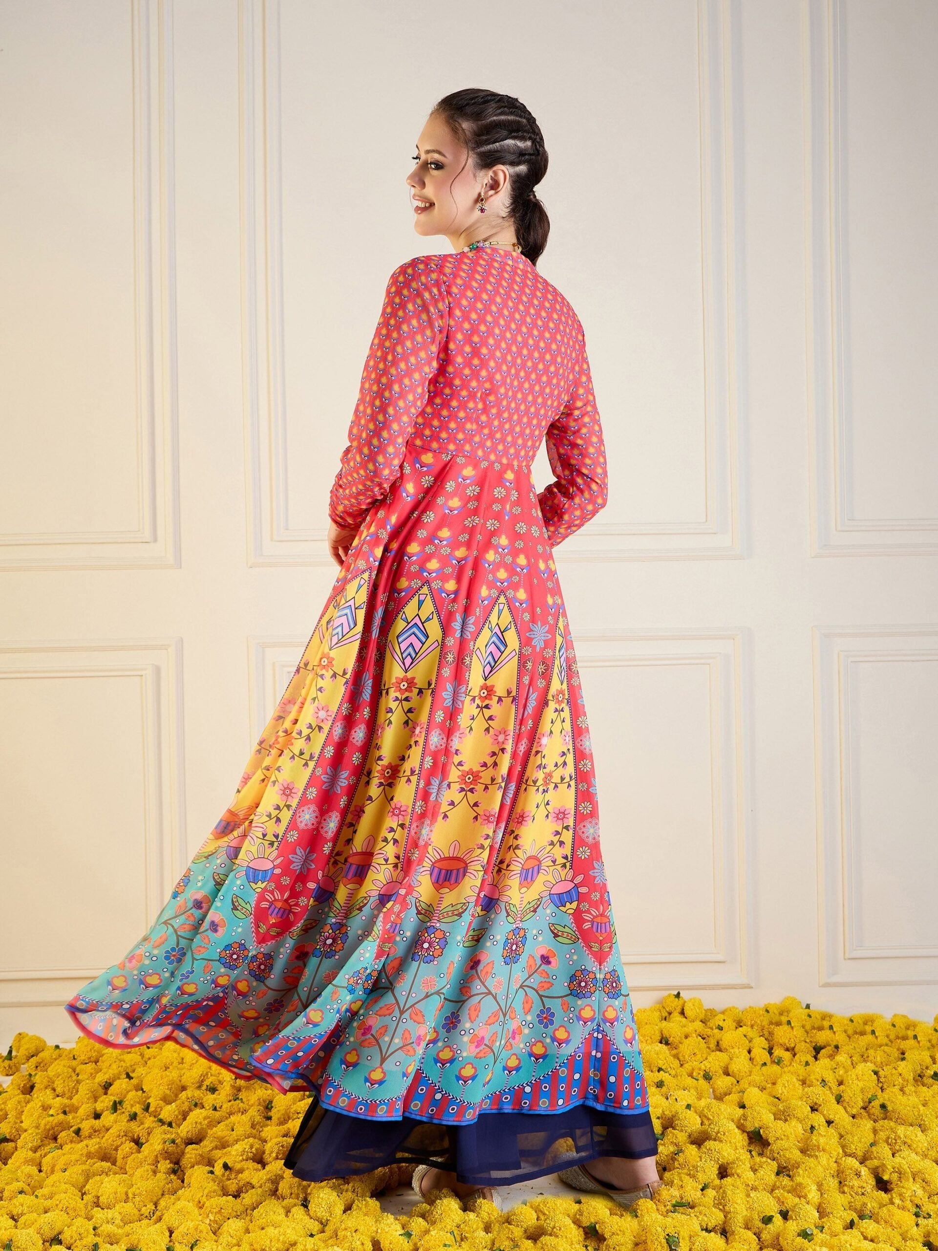 Women Red & Yellow Floral Sweetheart Neck Anarkali Kurta