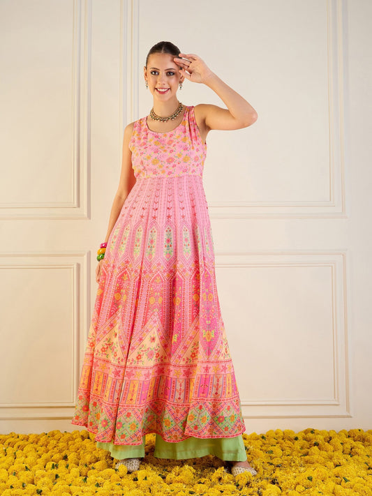 Women Pink Floral Sleeveless Anarkali Kurta