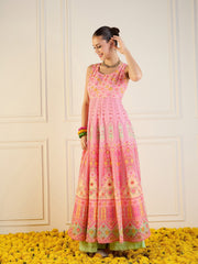 Women Pink Floral Sleeveless Anarkali Kurta