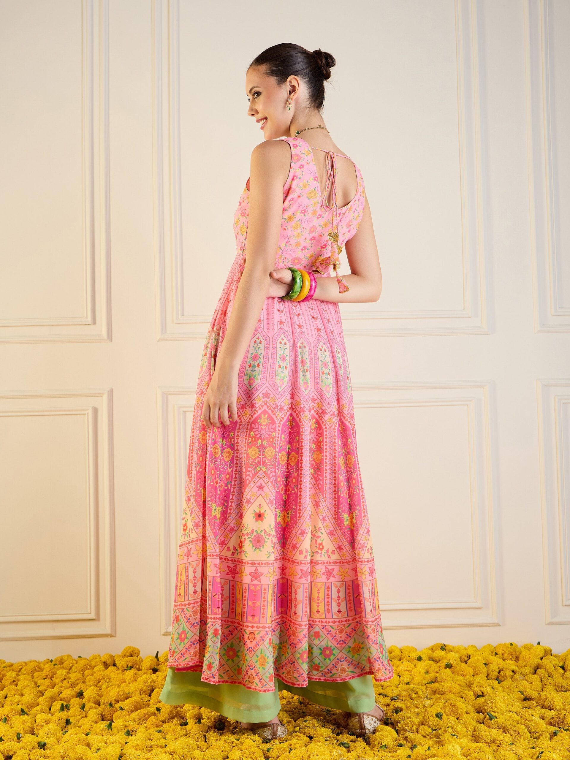 Women Pink Floral Sleeveless Anarkali Kurta