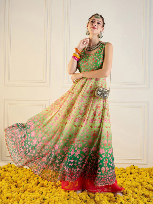 Women Green Floral Sleeveless Anarkali Kurta