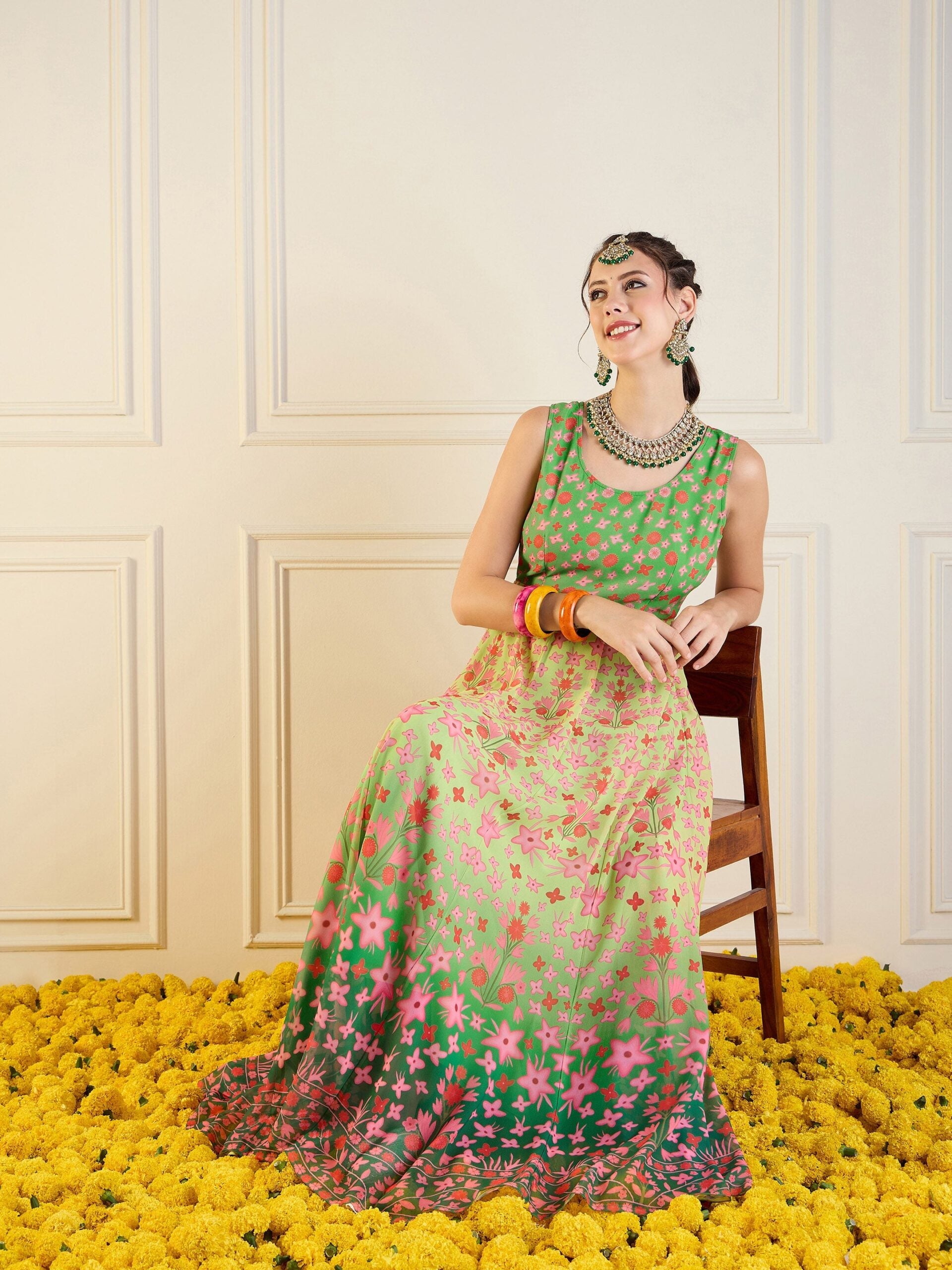 Women Green Floral Sleeveless Anarkali Kurta